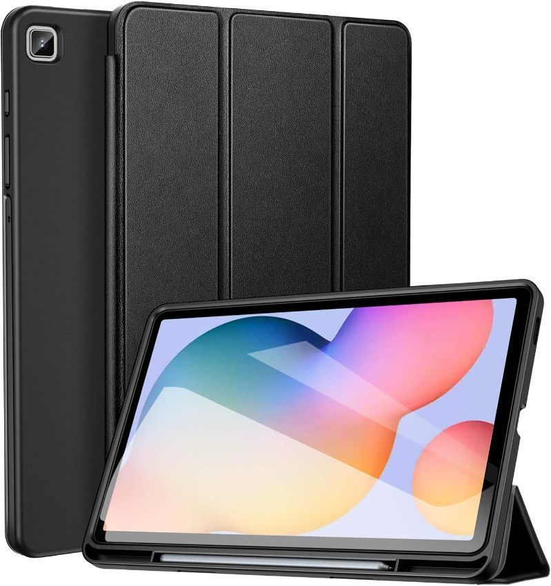 Trifold PU Leather Stand Protective Flip Tablet Case with Stylus Slot for Galaxy Tab S6 Lite (2020 / 2022) - Black - Brand New